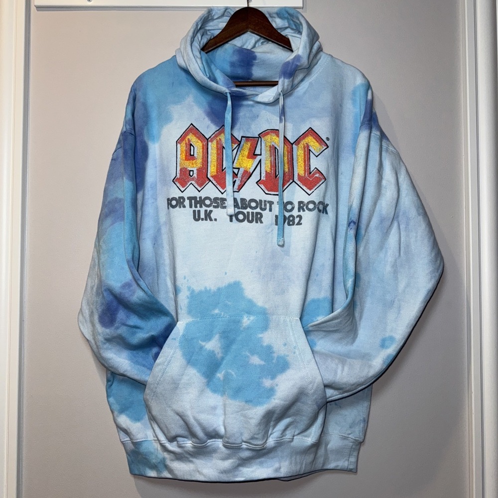 AC DC Graphic Tie Dye‎ Blue Hoodie Size 1X/XL Replica NWT UK TOUR 1982 Licensed